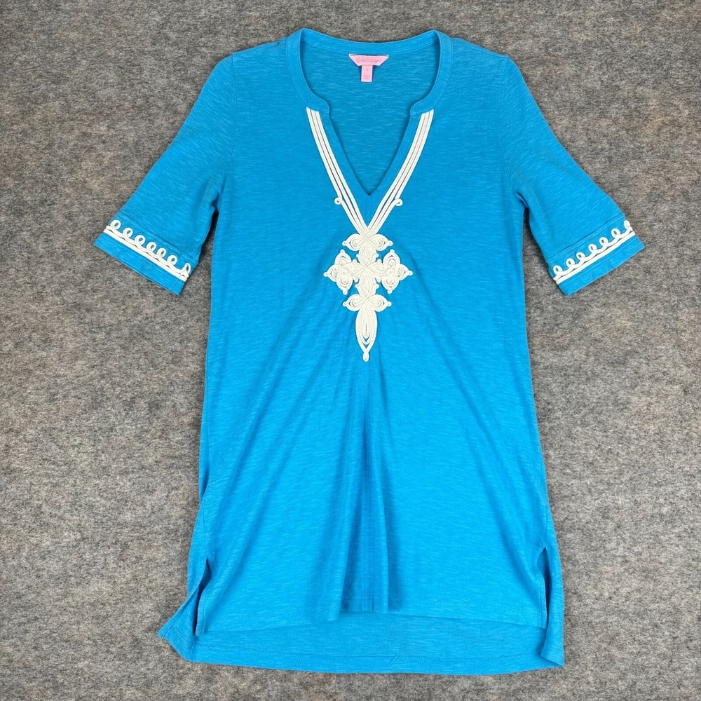 Lilly Pulitzer Thea Blue White Long Sleeve Knit Tunic Top Womens Small S